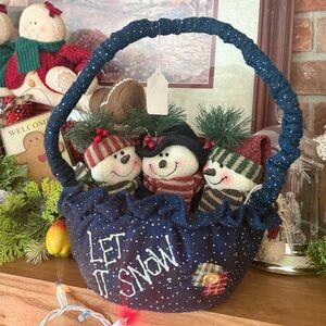 Vintage 1993 Festive Snowman Basket Let it Snow